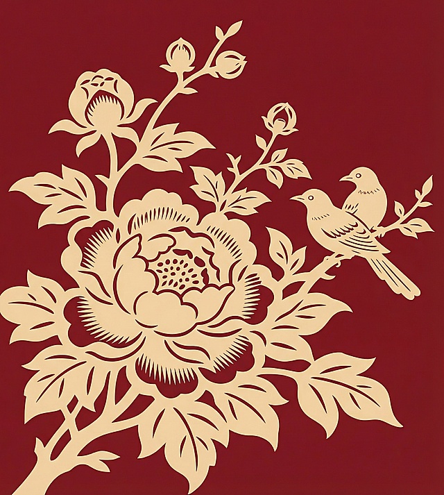 将画面中花、鸟、枝叶的颜色统一为纯净的浅米色，去除杂色斑点