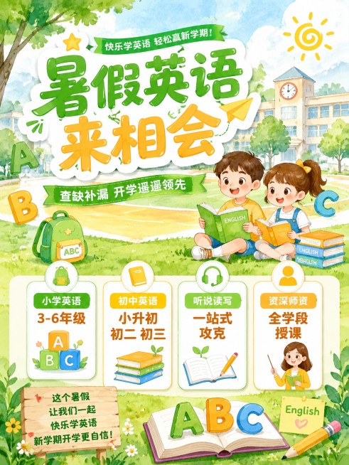 卡通风格的暑假英语招生海报，3:4比例，画面版式精美活泼。与上一张设计不同，采用新的创意构图。主标题文字"暑假英语来相会"，副标题文字"查缺补漏 开学遥遥领先"。卖点信息：小学英语3-6年级，初中英语预览效果