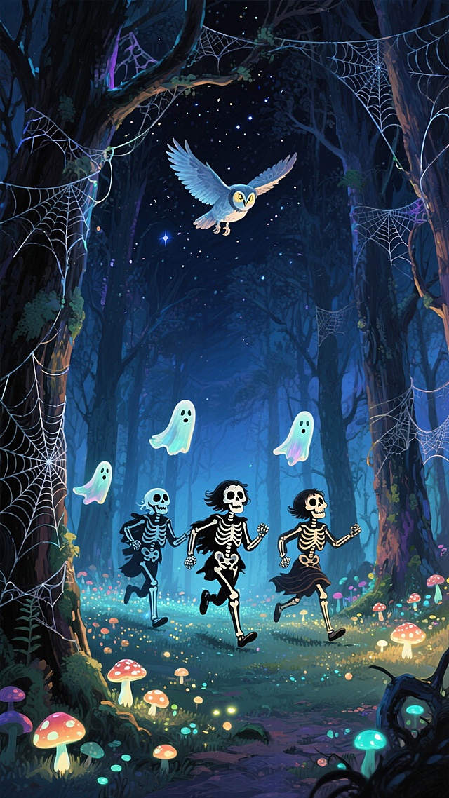 梦幻神秘的夜林中，拟人骷髅与幽灵共舞，水彩质感融合粒子光效，插画风超现实场景，点缀发光蘑菇与飞鸮，营造万圣节奇幻氛围。