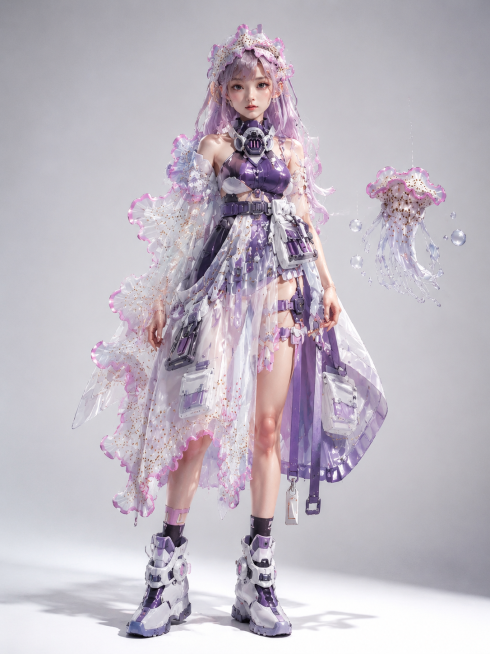参考第一张图片的写实机能风服饰拍摄风格，将这张二次元拟人服装设计图改成写实真实的服装服饰摄影图，保留粉紫白色海蛰水母机甲服装设计的全部细节和造型，写实光影，影棚拍摄预览效果