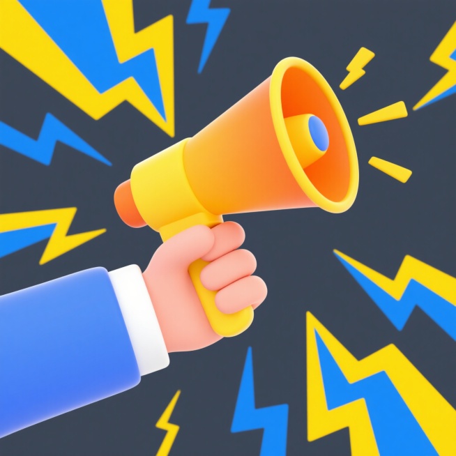 一只手握着黄色和橙色渐变的卡通风格扩音器，扩音器周围有蓝色和黄色闪电形状的装饰元素，手穿着蓝色带白色袖口的衣服，整体画面简洁明快，充满活力。预览效果