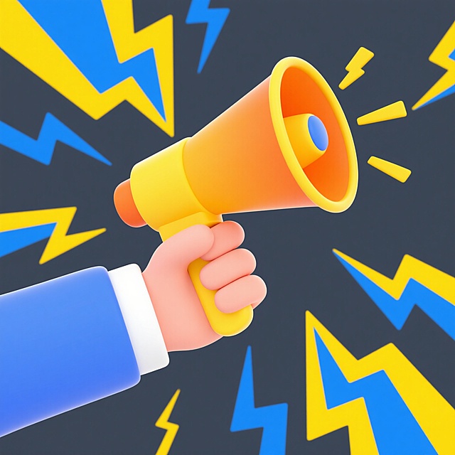 一只手握着黄色和橙色渐变的卡通风格扩音器，扩音器周围有蓝色和黄色闪电形状的装饰元素，手穿着蓝色带白色袖口的衣服，整体画面简洁明快，充满活力。