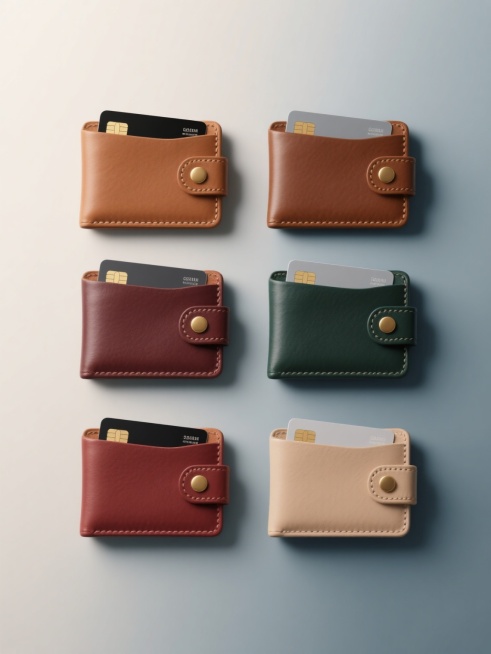 六个完全相同款式的棕色皮革卡包，每个卡包内露出两张卡片（一张黑色带金色芯片、一张灰色），正面有金色圆形按扣和精致缝线细节，分别放置在六个独立的纯色背景上（背景颜色依次为：米白色、浅灰色、深蓝色、墨绿色、酒红色、浅卡其色），所有卡包保持相同的3D渲染风格、皮革质感、光源方向和阴影效果，整体以2x3的网格形式规整排布，画面简洁干净，突出展示不同配色组合的卡包系列。预览效果
