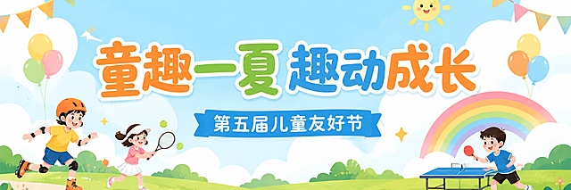 简约明亮亲和童趣运动感平面插画风格横版长条幅活动横幅，用于莲花社区第五届儿童友好节活动现场布置，比例25:7，适合喷绘制作，不要3D效果，不要厚重立体字，整体是正式社区公益活动横幅，简洁大方，远距离清晰可见。主标题最大最醒目居中："童趣一夏 趣动成长"，字体圆润有童趣且清晰易读。副标题在主标题下方，层级次于主标题："第五届儿童友好节"。加入运动元素插画：小朋友轮滑、打网球、打乒乓球，分布在画面左右两侧，搭配气球、彩虹、小旗帜、太阳、草地轻量装饰，营造夏日儿童活动氛围。配色以浅蓝、橙色、绿色、黄色、白色为主，明亮清爽，不要像商业促销广告，不要3D模型、不要立体字、不要金属质感、不要厚重阴影、不要复杂光效。四边保留足够安全边距，文字不贴边，适合实际喷绘，中文文字准确，不添加其他多余文案，主体明确，构图完整，高级光影，细节丰富，电影海报级构图，强视觉中心，层次丰富，高级排版留白，边缘清晰，材质真实，光影自然。