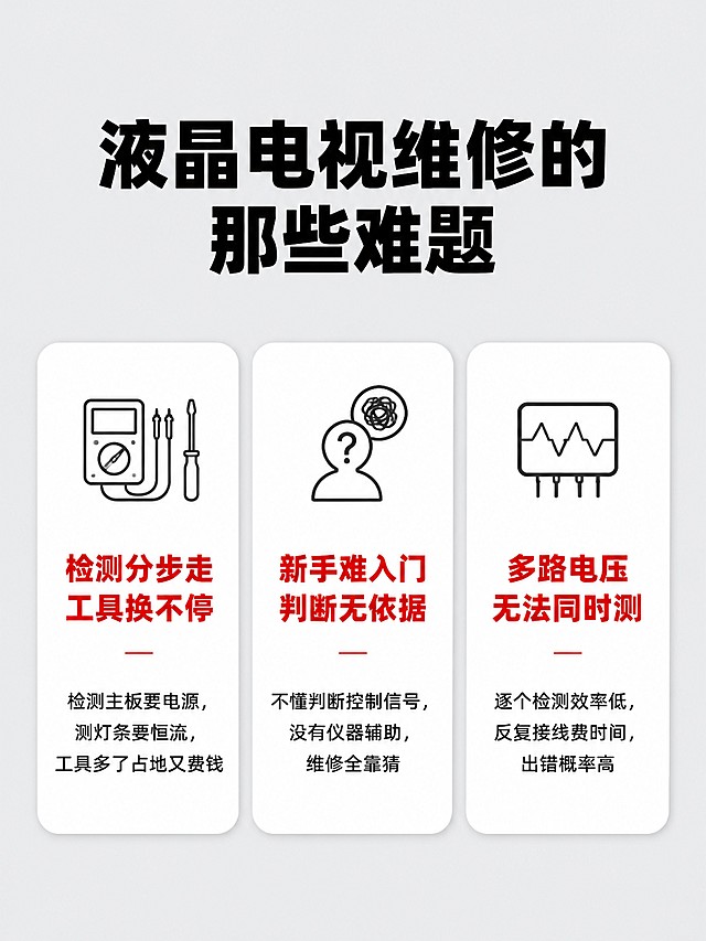 不要修改原图，保证原图的画质。按照下面的这些功能给我做主图和详情页。液晶电视多功能检测仪
1.给主板供电
2.判断主板控制信号
3检测电源板
4.检测主板
5.检测灯条
6.检测灯珠
7.检测恒流板电压
8.检测恒流板电流
9.输出PWM信号
10.可调稳压电源
11.适用于电器维修的初学者和老师傅
12.可以同时检测多路电压
13.各路输出电流最大5A\宝贝标题
液晶电视多功能检测仪 主板电源板灯条维修测试工装