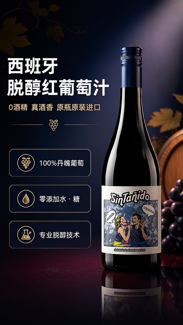 [商品] 使用【图1】新特尼脱醇红葡萄汁酒瓶；保留瓶身结构、深色玻璃材质、深蓝色瓶盖、白色酒标、酒标上的SinTanido英文字样、波普风格情侣插画图案、酒标底部英文小字；商品处理：保持酒瓶原貌，增强玻璃质感和光泽，不改变瓶形、颜色和标签内容。
[画面] 页面目标：高端酒水氛围头图，突出西班牙进口脱醇红葡萄汁的品质感与核心卖点；构图骨架：左文右图布局，左侧上半部分为标题文案区，下半部分为卖点信息卡，右侧为产品主体；主体位置：画面右侧偏中，产品占画面约55%；摆放角度：酒瓶正面微侧45度，瓶底有自然倒影；景别：中景；阅读动线：从左上主标题向下阅读卖点，再视线落向右侧产品；前中后景：前景深色台面倒影，中景酒瓶+文案区，后景深蓝渐变背景+隐约葡萄藤剪影装饰；场景：高端酒窖/吧台氛围，柔和聚光灯打在瓶身上。
[视觉] 套系策略：风格=高端精致酒水商业摄影+波普艺术点缀；标题字=现代无衬线粗体，字重厚重；正文字=简洁无衬线体，清晰易读；主色=深藏蓝+酒红色；背景延展=基于深藏蓝做深浅渐变、同色系光晕和细腻磨砂质感，底部过渡到深酒红色；强调色=金色，仅用于小面积图标、引线、标签边框和装饰线条；标题色=纯白色；正文色=浅灰白色；组件=圆角深色半透明信息卡、细金线引线、葡萄icon；光影=右前侧暖聚光，瓶身有明显高光带，背景暗调突出产品。
[文字] 左侧上方主标题「西班牙脱醇红葡萄汁」，副标题「0酒精 真酒香 原瓶原装进口」；下方3个卖点信息卡横向排列：「100%丹魄葡萄」「零添加水·糖」「专业脱醇技术」；文字区不遮挡酒瓶主体和酒标图案；所有文字横向排版，移动端清晰可读。
[规格] 图片比例9:16竖版，分辨率4K，quality=medium；负向提示：避免变形、错字、文字过小、酒瓶颜色改变、标签模糊、冷蓝灰背景、低俗元素、极限词、二维码、平台logo。