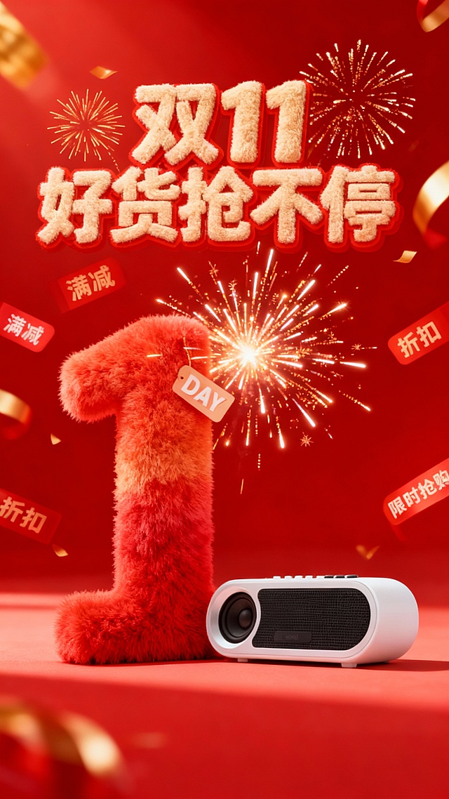 3D毛发生长风巨幅“1”字，搭配粒子烟花与重拟物音箱，红金配色营造喜庆促销氛围，双11限时抢购主题跃然眼前。