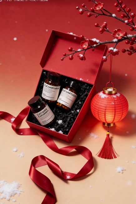 把图2的腊梅和图3的灯笼融合进图1，图1 还需要添加一些雪，一点点缀就可以可以参考图4。注意图片的融合自然，原本图1的礼盒和产品都保持不变预览效果