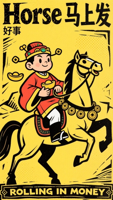 《茶杯头》画风，男生（财神服装），骑乘装饰铜钱元素的马，顶部标题 “Horse 马上发”在Horse顶部小字注解“好事”，底部复古的横幅 “ROLLING IN MONEY” ，氛围喜庆且具潮流感，黑预览效果