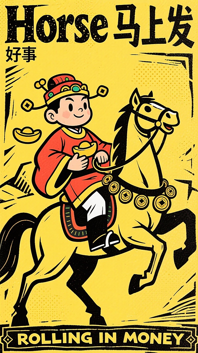 复古插画风融合国潮元素，卡通人物骑马持金元宝，喜庆色彩与版画质感结合，传递新春好运与财富寓意。