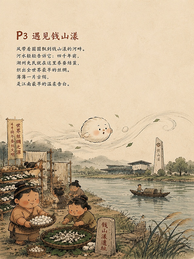 国风绘本插画，90年代江南怀旧画风，矮胖圆润的卡通风格，粗黑色简约轮廓，毛笔手绘笔触，米黄色宣纸肌理背景，画面上方大面积留白，竖向3:4构图，水墨质感，颜色柔和，以朱砂白、墨绿、浅褐色为主，颗粒手绘质感，扁平化，童真质朴。P3遇见钱山漾，文案："风带着圆圆飘到钱山漾的河畔。河水轻轻告诉它：四千年前，湖州先民就在这里养蚕结茧，织出全世界最早的丝绸。薄薄一片古绢，是江南最早的温柔告白。"。画面内容：古今叠影，远古先民养蚕和现代钱山漾湖面，体现世界丝绸之源、4400年蚕丝文明。