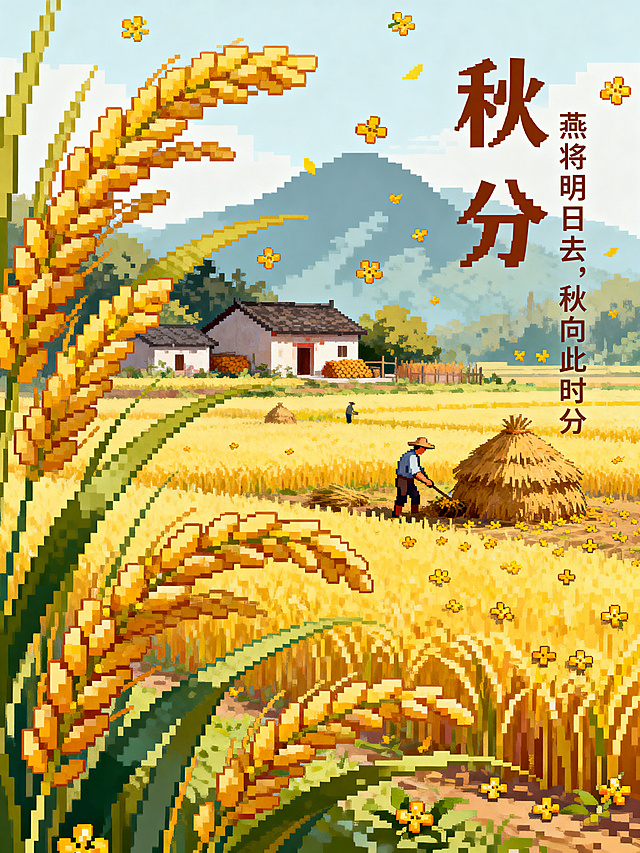 像素风格秋分节气插画海报，近景是禾稻，远景有乡村房屋、丰收草堆，农民在稻田里农作，桂花飘落满地，远处是山的影子，竖向排版艺术字体标题“秋分”，副标题“燕将明日去，秋向此时分”，高清画质，细腻笔触，像素风，8K超清分辨率