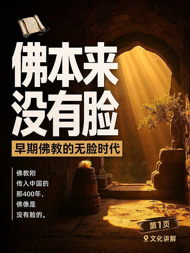 小红书笔记大字封面，配图大字，电影感暖金历史文化风，版式精美，小红书笔记封面质感，适合信息流点击。版式骨架、分区比例、色调体系与参考图保持一致（相似度约70%），文案与配图换为本次内容。主标题必须完整呈现且为画面视觉中心，逐字锁定：「佛本来没有脸」。主标题字号占画面约55%视觉权重，清晰可读，不得增删改字。副标题：「早期佛教的无脸时代」。装饰短句/角标：「第1页」「文化讲解」。背景：采用【图1】古老石拱门与莲花光影场景作全屏底图，加深色半透明遮罩以突出标题，整体暖金色调，丁达尔光束，静谧神圣。标题排版：扁平超粗白字黑体，左侧大标题堆叠排版，关键词可加土黄色矩形色块底增强对比，厚重有力量感。配图：【图1】作全屏实景底图，保留石拱门、莲花、光束、尘埃粒子的暖金氛围，人物/主体在右下或中部，不抢标题。装饰：左上角1个卷轴古籍emoji小贴纸；右下角做旧笔触底框内写「第1页」，旁加定位图标与「文化讲解」；另加左侧细竖线分隔正文引言区，引言区文字为白色细体：「佛教刚传入中国的那400年，佛像是没有脸的。」。整体氛围：厚重历史感、电影感暖金光影、静谧神圣、文化科普质感。画质：高清细腻，信息层级清晰，主标题与背景强对比，文字完整处于安全区内不可裁切，四周留安全边距。画面比例3:4，4K。图生图：严格使用用户上传图片，【图1】=第1页底图场景（石拱门莲花），【图5】=版式参考图（苏武封面），顺序与上传一致。