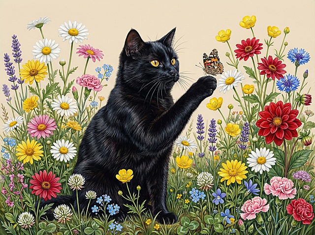 画面中间是一只纯黑色猫，毛发浓密油亮，带有细腻的纹理质感，眼睛是明亮的金黄色，身体坐立在花丛中，在抓一只蝴蝶，胡须清晰分明，整体形象生动且富有生命力。猫咪被一片繁茂的野花花海环绕，包含多种色彩鲜艳的花卉：各色雏菊（白、黄、粉、红、蓝）、红色大丽花、黄色毛茛、紫色薰衣草、蓝色勿忘我、白色三叶草、粉色石竹等。花卉高低错落，层次丰富，叶片与茎干细节清晰，营造出自然野趣的花园氛围。背景是柔和的浅米色。整体为超写实水彩/油画质感，细节丰富，光影逼真，像手绘插画，光泽都被细腻呈现，整体画面层次丰富，高清晰度，高清画质，高分辨率，高度详细的，细节丰富、色彩鲜活，横向场景