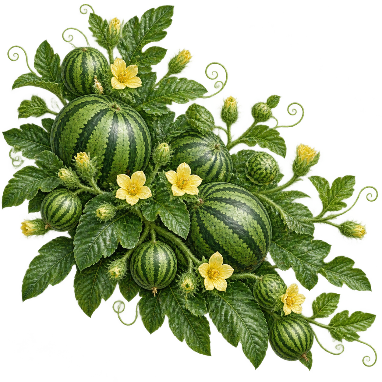 参考图中茉莉花的写实手绘插画风格，生成一大束西瓜藤蔓果实素材，… - 图片创意预览