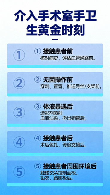 医疗科普海报，标题为"介入手术室手卫生黄金时刻"，分五点展示：①接触患者前 核对病史，评估血管通路前；②无菌操作前 穿刺、置管、推送导丝/支架前；③体液暴露后 造影剂喷射、血液沾染，撤出鞘管后；④接触预览效果