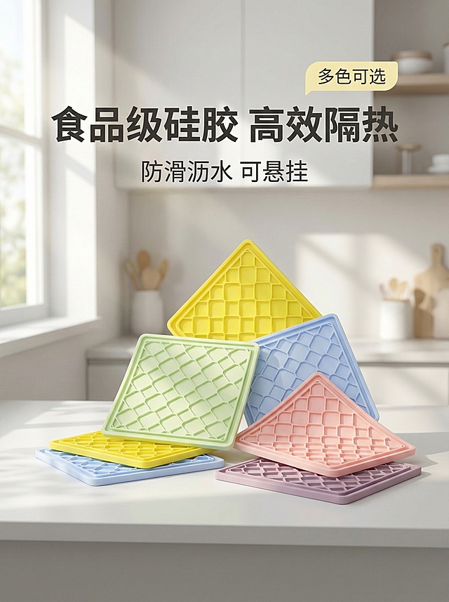[主图 1] 首图/点击率
[主图主题] 马卡龙色系硅胶隔热垫首图
[氛围/风格] 简约现代风格，干净明亮自然光，通透高级感
[画面元素] 多款马卡龙色系（黄、浅绿、浅蓝、粉、紫）硅胶隔热垫错落摆放在干净的浅灰色厨房台面上，阳光从侧面窗户洒入，形成柔和自然光斑，整体干净整洁，产品主体占据画面中心位置，主体突出。背景全屏无边框。
[配色色系] 主色调：浅灰色台面背景；辅助色：马卡龙糖果色系产品本身，清新柔和
[视角构图] 平视拍摄，景深适中，突出产品
[文字版式] 主文案 "食品级硅胶 高效隔热"，副标题 "防滑沥水 可悬挂"，字体为无衬线粗体，颜色深灰色。右上角浅黄底深灰字标签 "多色可选"，文字悬浮于左上角留白区域，不遮挡产品主体，符合极简悬浮原则，整体构图平衡
[比例分辨率] 3:4 比例，2k 分辨率，保证产品外观和细节与参考图完全一致