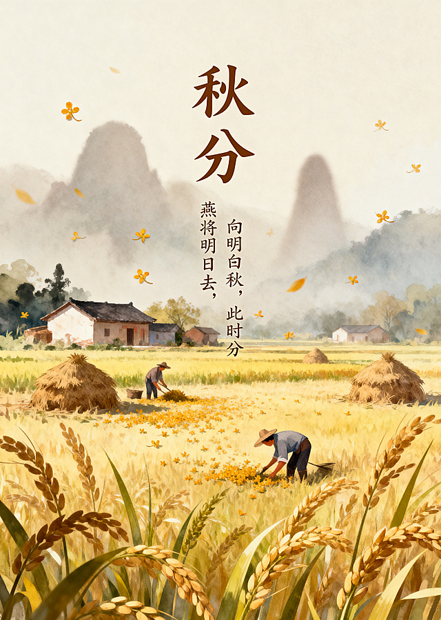 弥散风格秋分节气插画海报，近景是禾稻，远景有乡村房屋、丰收草堆，农民在稻田里农作，桂花飘落满地，远处是山的影子，竖向排版艺术字体标题"秋分"，副标题"燕将明日去，秋向此时分"，高清画质，细腻笔触，8K超清分辨率