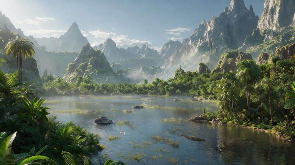 去除图片中所有的恐龙，保留原始的河谷、山脉、植被自然风景，将图片提升为高清画质，保持画面自然协调预览效果