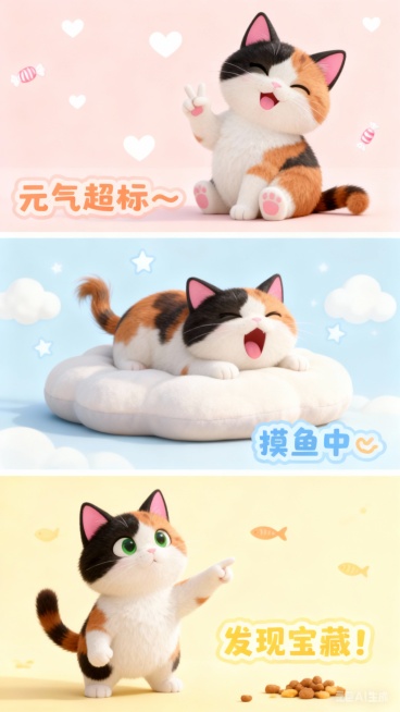 整体风格：Q 版卡通、高清晰度、色彩柔和明亮，三宫格并列布局，每宫格独立完整且整体协调，适合短视频封面 / 电商配图；并附上参考图
第一宫格：圆滚滚 Q 版三花猫（黑、白、橘三色毛发，肉垫粉嫩），坐姿预览效果