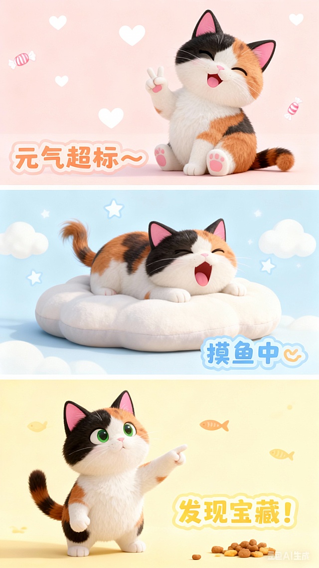 软3D风格萌猫拟人化，结合毛发生长细节与梦幻背景，呈现可爱、清新、卡通感十足的元气场景，节日氛围轻松愉悦。