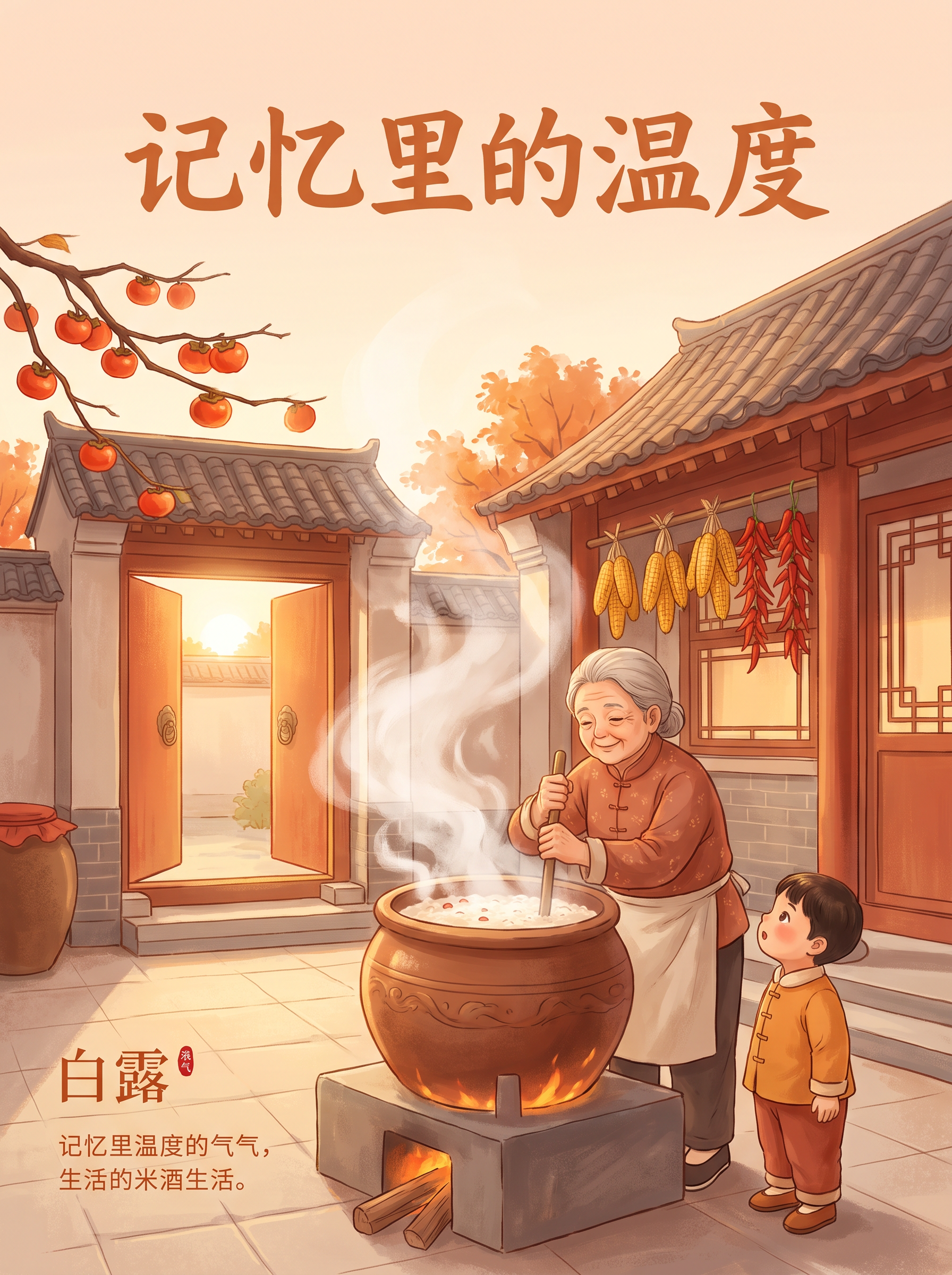 一张白露节气主题海报，现代中国民俗风格插画，怀旧温馨的氛围。画… - 图片创意预览