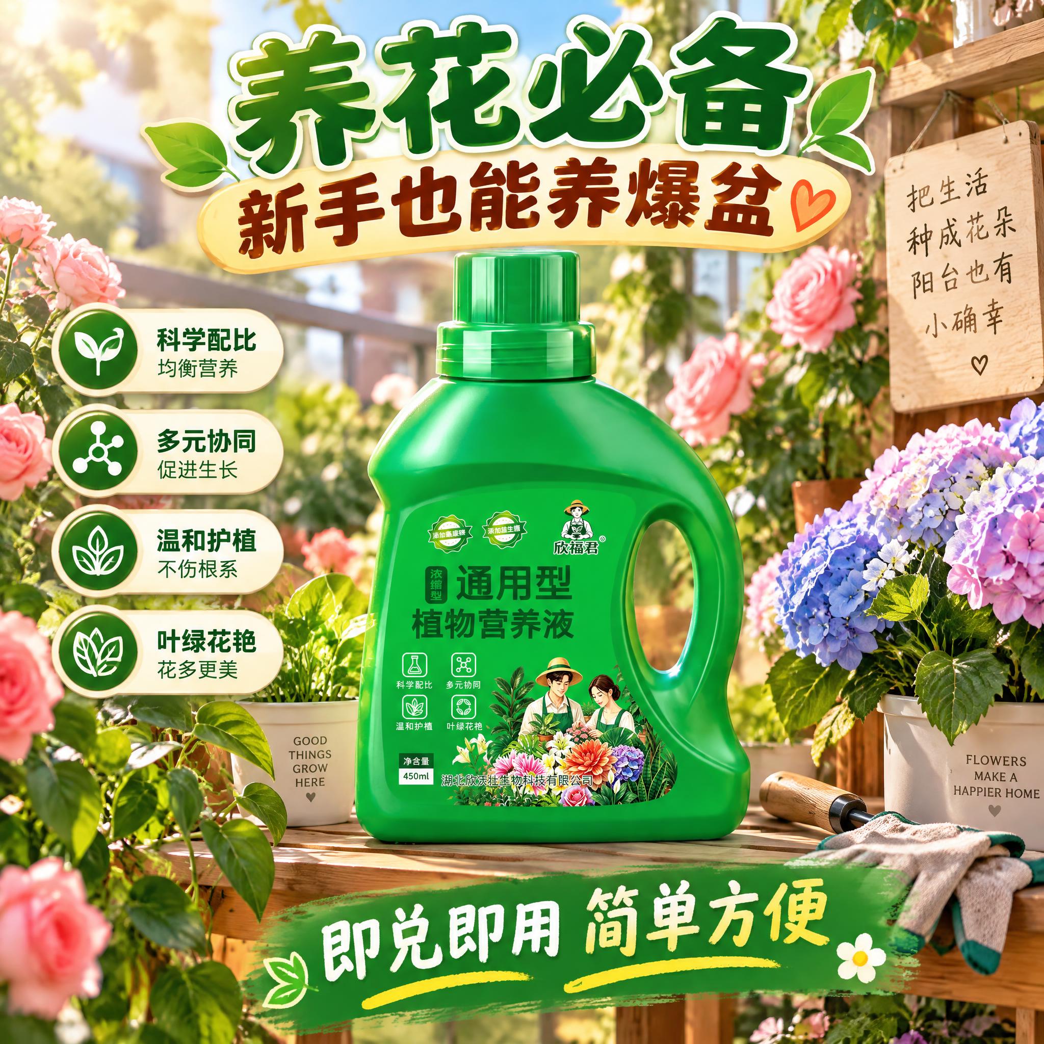 淘宝天猫1:1电商主图，通用型植物营养液，家庭阳台花园场景，阳… - 图片创意预览