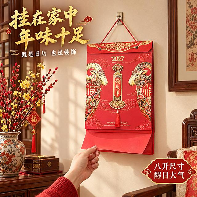 [主图-4] 场景使用展示，撕历挂在家中墙上的真实使用场景。
[统一基调] 国潮喜庆风格，红金主色调，标题字体为大气书法体金色字，辅助文字为白色宋体，整体氛围温馨喜庆有年味。
[画面] 真实家居场景，中式风格的客厅墙面，浅米色墙面，墙上挂着image4中的领头羊款撕历，撕历悬挂在金属挂钩上，自然垂落，占画面约40%。旁边能看到部分中式实木家具的边缘和一盆年宵花（银柳/腊梅），营造出新年家庭氛围。画面下方有一只手正在撕撕历的动作，展示使用方式。整体场景温馨自然，体现产品在家居环境中的装饰性和实用性。
[光影质感] 自然光摄影质感，柔和的室内光线，从侧面打来，产品光影自然，与环境融合，墙面有柔和的漫反射，整体氛围温暖喜庆。
[配色] 场景主色调暖米色+木色+红色，产品红色金色突出，整体色调和谐温暖。
[文字版式] 左上角主标题"挂在家中 年味十足"金色书法大字，下方副标题"既是日历 也是装饰"白色小字。右下角小标签"八开尺寸 醒目大气"红底金边。文字放在负空间，不遮挡产品主体。
[输出要求] 1:1正方形比例，2K分辨率，场景真实自然，产品清晰，文字清晰可读，无变形，无错字，无水印，无平台logo。
