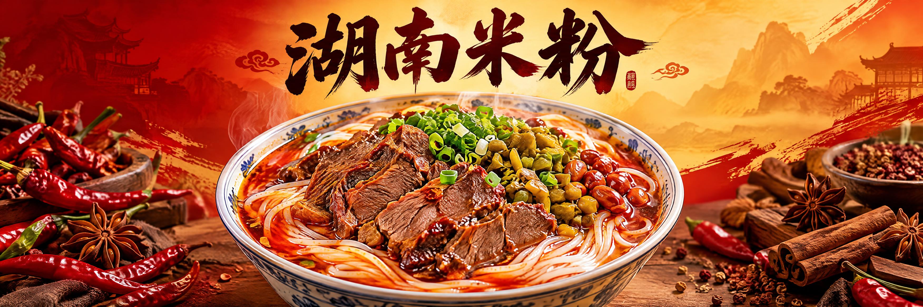 湖南米粉海报设计，横幅长图，画面中央是一碗丰盛的湖南牛肉米粉，… - 图片创意预览