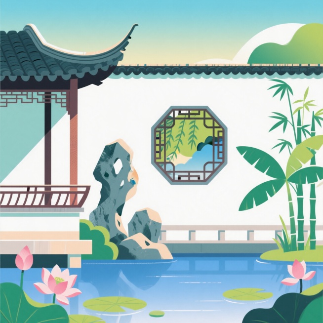 新中式扁平化插画，江南园林夏季主题，极简主义，高饱和度低对比，渐变背景，无描边矢量风，画面干净通透，大面积留白，层次丰富简约，国风美学，江南夏日风光，包含园林亭台楼阁、太湖石、花窗、水景、荷花、翠竹、预览效果