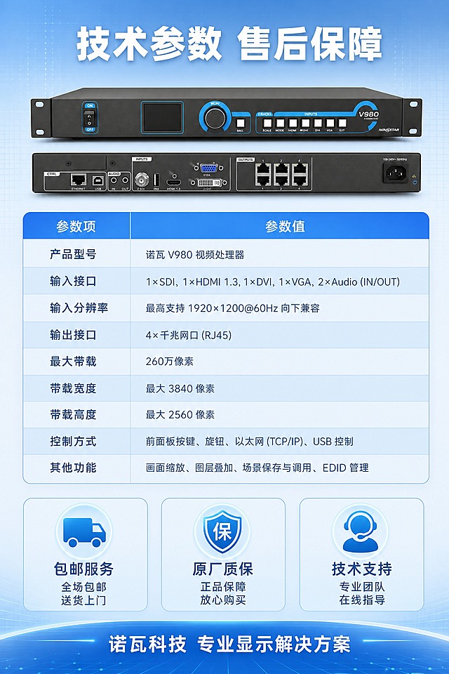 [商品] 使用产品图诺瓦V980视频处理器；保留黑色1U机架式机身、蓝色装饰条、V980型号标识、NOVASTAR品牌logo、正面旋钮按键显示屏、背面多接口结构、金属材质质感；不改变产品外观、结构、颜色和比例。
[画面] 页面目标：参数规格+售后保障收尾，辅助购买决策。上下构图：上半部分为技术参数表，下半部分为售后保障服务。画面顶部放产品正面小图，占画面约20%，居中；产品下方为参数规格表，表格分参数项和参数值两列，蓝色表头，内容行交替浅蓝底；参数表下方为售后保障区，3个服务卡片横向排列：包邮服务 原厂质保 技术支持；最底部有品牌slogan条。
[视觉] 套系策略：风格=淡蓝色科技风 专业商业摄影；标题字=现代无衬线粗体 厚重有力；正文字=简洁无衬线体；主色=淡蓝#64B5F6；背景延展=淡蓝到浅蓝渐变 细腻网格底；强调色=蓝色表头 服务图标 青蓝光效；标题色=白色；正文色=深灰蓝；组件=蓝色表头参数表 半透明淡蓝服务卡片 圆角细边；光影=顶部柔光 产品清晰。
[文字] 顶部主标题"技术参数 售后保障" 白色粗体大字居中；参数表表头文字白色 内容文字深灰蓝；参数项：产品型号 输入接口 输入分辨率 输出接口 最大带载 带载宽度 带载高度 控制方式 其他功能；售后卡片每个有图标+标题+说明："包邮服务 全场包邮 送货上门""原厂质保 正品保障 放心购买""技术支持 专业团队 在线指导"；底部slogan"诺瓦科技 专业显示解决方案"；所有文字横排 手机端清晰可读。
[规格] 图片比例9:16竖版 800×1200 2K；避免变形 错字 参数错误 文字过小 水印。