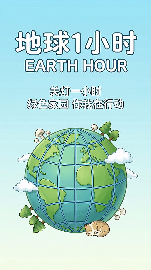 浅湖蓝渐变天空背景的地球一小时竖版卡通公益海报，卡通治愈风，居中构图。中央是带蓝色经纬线的立体绿色地球，点缀白色蘑菇、绿色树木与白色云朵。文字：顶部白色粗体字 "地球 1 小时" 与英文 "EARTH HOUR"，地球上方白色字 "关灯一小时""绿色家园 你我在行动"。