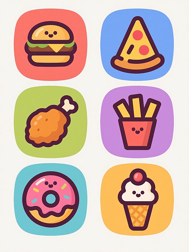 一套6个同系列规整排布的卡通风格食物图标，每个图标均采用纯色背景，整体色彩各不相同，保持相同的简约扁平设计风格，线条圆润流畅，边缘有深色描边，内部填充明亮饱和的色块并带有简洁的明暗渐变以增强立体感，包含汉堡、披萨、炸鸡、薯条、甜甜圈、冰淇淋等不同类目食物元素，每个元素造型卡通化，细节简化，构图居中对称，整体呈现出活泼可爱、统一协调的视觉效果，适合作为餐饮相关的图标集合使用。