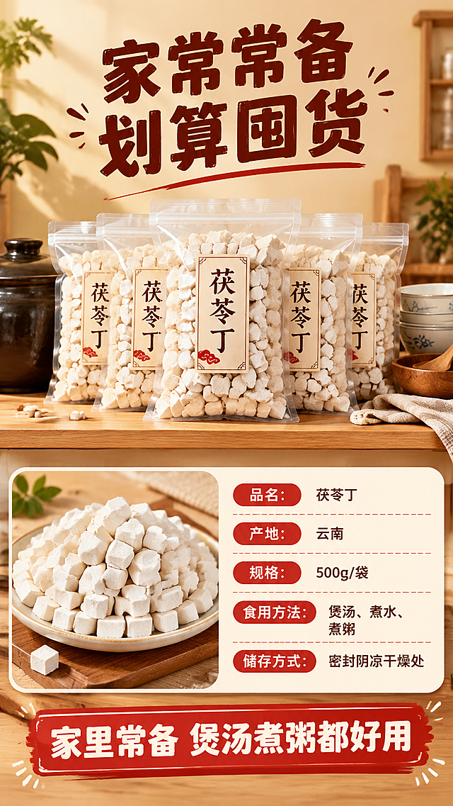 [商品] 使用【图1】云南白茯苓丁；保留茯苓丁方块形态、米白色泽和粉性质感。
[画面] 目标：规格信息+收尾转化，囤货建议。构图：上半部分为囤货陈列场景（占画面45%），多袋茯苓丁整齐摆放在厨房置物架上，旁边有砂锅、汤碗等道具营造家常氛围，下半部分为规格参数表（占画面40%），左侧放一小盘茯苓丁产品图，右侧为参数信息，底部红底横幅突出性价比，整体暖色调。
[视觉] 套系策略：风格=拼多多接地气家常商业摄影风；标题字=粗黑体大字报风格；正文字=简洁黑体；主色=暖米白+朱砂红；背景延展=暖木色桌面、浅米色渐变背景、同色系深浅层级；强调色=朱砂红，仅用于标题重点字、标签和引线；标题色=深棕红；正文色=深褐色；组件=圆角红底信息卡、虚线引线、红底白字标签；光影=左前侧暖柔光，自然阴影。
[文字] 顶部主标题「家常常备 划算囤货」，规格参数：「品名：茯苓丁」「产地：云南」「规格：500g/袋」「食用方法：煲汤、煮水、煮粥」「储存方式：密封阴凉干燥处」，底部横幅「家里常备 煲汤煮粥都好用」，所有文字横排。
[规格] 图片比例9:16竖版，4K分辨率，拼多多风格，避免变形、错字、文字过小、绝对化用语、医疗功效宣传、虚假参数。