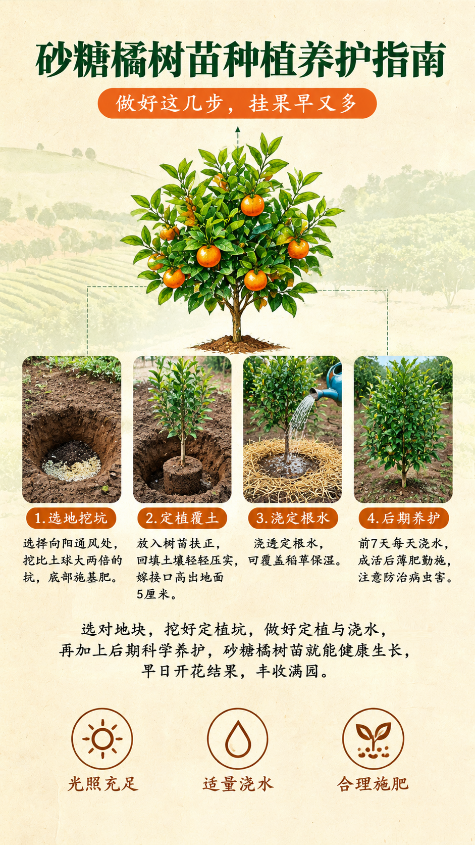 参考图风格为砂糖橘树苗移栽说明手卡，米黄色做旧纸张背景，顶部深… - 图片创意预览
