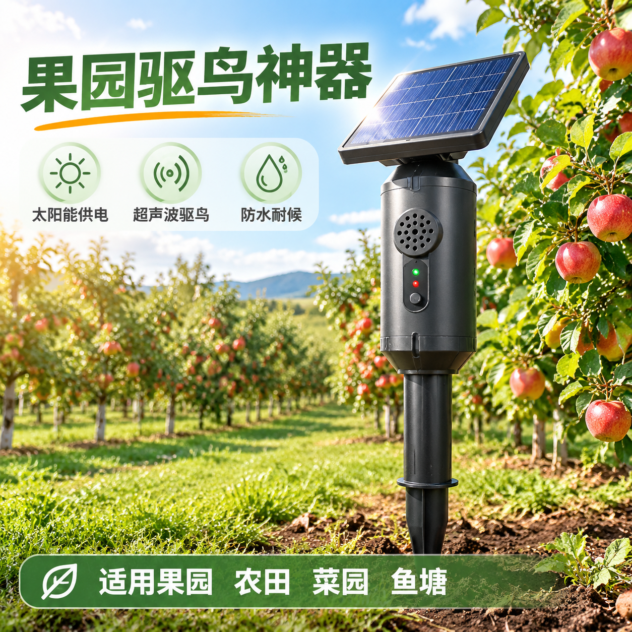 [主图-1] 驱鸟器首图，核心任务是展示产品整体外观与户外果园… - 图片创意预览
