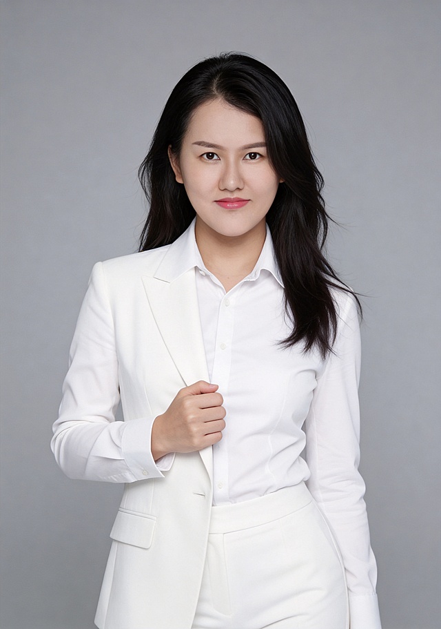 参考图中保留人物脸型、发型、年龄等特征生成职场美女形象照，调整五官比例让五官更精致立体，打造性感妩媚气质，身体微微舒展增添性感氛围感；标准焦段50mm,f/4光圈(f/2.8-f/4区间),平视视角(镜头与人物视线齐平);人物占画面70%,人物居中(居中构图),位于画面中心,为视觉聚焦点,入境范围头部及以下至臀部下方10cm(半身像);左右留少量背景空间;头部与画面顶部保留5%空间;头部发型完整,头肩比例协调,人物结构准确;发质微微柔顺，微微蓬松。身穿白色高支精梳棉衬衫,(翻领设计,面料呈细腻微微哑光质感);下装与上衣同材质;身形匀称,姿态端正,身体挺拔。呈自然站姿，右手轻握西装前襟，肢体放松且自信;简约微微中度灰色纯色背景(呈现均匀柔和质感),背景光线均匀柔和,强化色彩对比的高级感。极简干净;32k画质超高分辨率、细节清晰,现代精致感风格;肤质精细化处理;眼神直视镜头，妩媚勾人，表情自然略带慵懒。嘴角轻轻上扬;韩式美颜磨精致妆容,自然裸妆(清透底妆+淡色唇妆),妆感轻薄,肤质精细化处理;白皙清透肤质透亮,微微柔光提亮,细腻无瑕,通透高级感干净清透肤质,肤色均匀,肌肤柔光美白细腻,自然提亮,光影柔和通透水光肌,肤质细腻平滑干净哑光肤质,无油光无暗沉;干净肤色,健康肤色,无蜡黄,无暗沉,无黄皮,肤质细腻,高清皮肤细节;微微修饰脸型,塑造精致立体五官，勾勒柔和面部线条，肤质哑光细腻,面部雾面柔光,轻透裸肌感,真实毛孔纹理,杰作,最佳画质,超高细节,写实摄影,中近景人像,面部清晰,五官精致立体,皮肤细腻通透,白皙清透皮肤,干净肤色,柔光,正面补光,面部光线均匀明亮,无浓重阴影,冷色调白平衡,画面干净清新,色调明亮,对焦清晰;分辨率4K,去除人物之外的所有元素。严格按照图片内容生成。