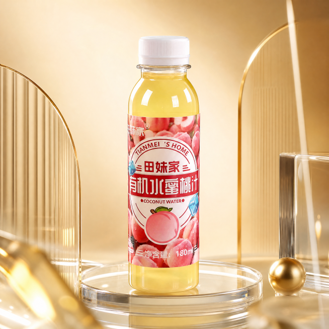 保持主体饮料瓶不变，更换为电商主图风格，3D渲染，创意构图，有视觉冲击力，浅金色轻奢风格，极简，前景遮挡，美术置景，通透玻璃展台，唯美，浅金色渐变背景，C4D建模，保持1:1比例预览效果