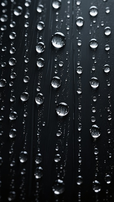 黑色背景上布满垂直流淌的雨痕和大小不一、形态各异的水珠，水珠表面有细腻的高光反射，整体呈现出干净、简约的视觉效果，适合作为背景素材使用，雨元素清晰可见，画面具有湿润的质感和宁静的氛围。预览效果
