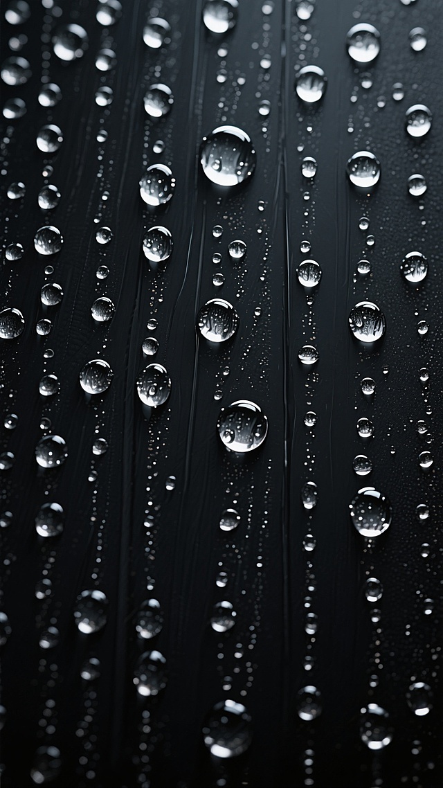 黑色背景上布满垂直流淌的雨痕和大小不一、形态各异的水珠，水珠表面有细腻的高光反射，整体呈现出干净、简约的视觉效果，适合作为背景素材使用，雨元素清晰可见，画面具有湿润的质感和宁静的氛围。