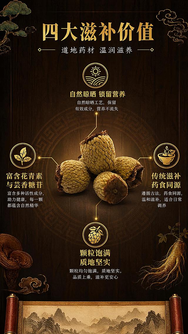 [第3屏] 核心卖点·四大滋补价值拆解。本屏使用【图2】作为商品主体，中心展示。
[氛围/风格] 中式养生科普风，深棕底+金色线条，古朴典雅，信息清晰，商业设计质感。
[元素布局] 画面中心放置一小堆掌叶覆盆子果实（参考图2外观，颗粒完整），占比约35%；果实四周向外引出4条金色引线，分别连接四个卖点图标板块；背景为深棕色木纹底，隐约有中式回纹暗纹；四角点缀祥云、灵芝、人参、茶叶等传统滋补元素剪影；底部有卷轴装饰条。
[光影质感] 中心聚光效果，果实受光清晰有立体感，四周渐暗突出中心主体，金色线条有光泽质感，整体沉稳有品质感。
[配色色系] 全局底色 #2D1F0F 深棕木色；主色金色 #D4AF37；辅助色墨绿、赭石红、米白。
[视角构图] 中心放射式构图，果实居中，四个卖点分布上下左右，阅读动线从中心向四周扩散。
[文字版式] 顶部大标题「四大滋补价值」，金色宋体粗体；副标题「道地药材 温润滋养」，米白色小字；四个引线卖点：上方「自然晾晒 锁留营养」、下方「颗粒饱满 质地坚实」、左侧「富含花青素与芸香糖苷」、右侧「传统滋补 药食同源」，每个卖点配圆形金色图标+标题+小字说明；字形与首屏统一为宋体风格，字色金色+米白。
[比例分辨率] 9:16 竖版比例，4K分辨率，文字清晰可辨，高清画质。
[负向提示词] 果实变形，结构错误，颜色偏差，水印，文字错乱，引线模糊，卖点图标不清，产品图模糊。