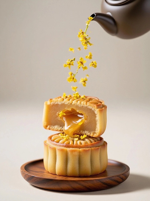 侧光拍摄。月饼放在一个平滑木制底座上，上方有一个茶壶倒出桂花花瓣。浅米色背景