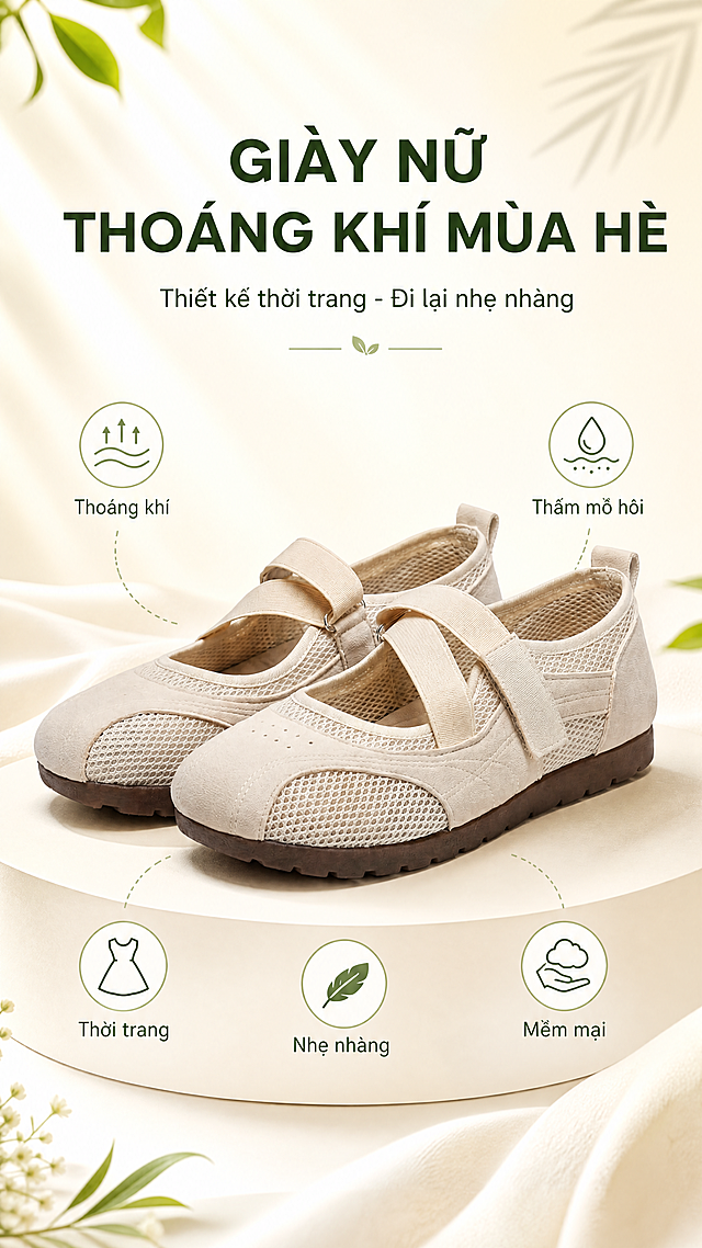 Shopee越南站夏季透气女鞋详情页第1张 - 头图主视觉。本张使用【图1】作为商品主体，参考【图4】的米黄渐变背景风格。
[氛围/风格] 清新简约电商详情页风格，米黄色渐变背景，商业摄影质感，突出产品透气轻盈的夏季感觉。
[元素布局] 米白色透气网面女鞋（魔术贴玛丽珍款式）置于画面中央偏下，占比约60%；鞋面网眼结构清晰可见，棕色防滑鞋底，整体鞋型与输入产品图完全一致；背景为浅米黄到奶白的柔和渐变，顶部留出标题区域。
[光影质感] 上方柔和自然光照明，鞋底下方有自然浅投影，鞋面网眼纹理清晰，整体明亮通透。
[配色色系] 全局底色 #FFF8E7 米黄渐变；主色米白鞋身、棕色鞋底；辅助色深绿标题字、浅绿装饰元素。
[视角构图] 45度斜侧视角，产品为视觉中心，阅读动线顶部标题 → 中部产品 → 底部卖点标签。
[文字版式] 全部使用越南语。顶部主标题「GIÀY NỮ THOÁNG KHÍ MÙA HÈ」，副标题「Thiết kế thời trang - Đi lại nhẹ nhàng」；鞋身周围用小图标+短标签标注5个卖点：「Thoáng khí」「Thấm mồ hôi」「Thời trang」「Nhẹ nhàng」「Mềm mại」；文字不遮挡鞋身主体。
[比例分辨率] 9:16竖版比例，4K分辨率，文字清晰可辨，高清画质。
[负向提示词] 鞋身变形，缺件错件，颜色偏差，水印，文字错乱，产品图模糊，出现中文字符，出现模特人像，背景杂乱。