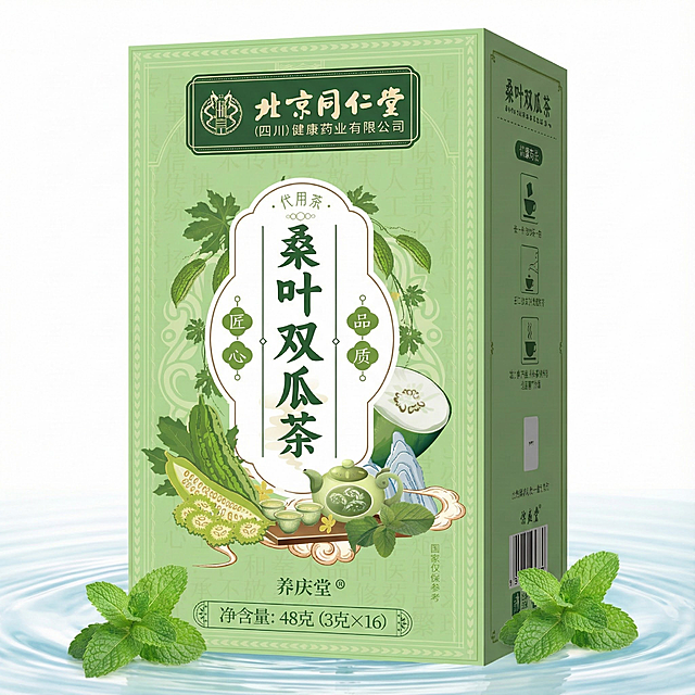 帮我生成三张电商的产品主图，标题上 桑叶双瓜茶，画面要清凉一点