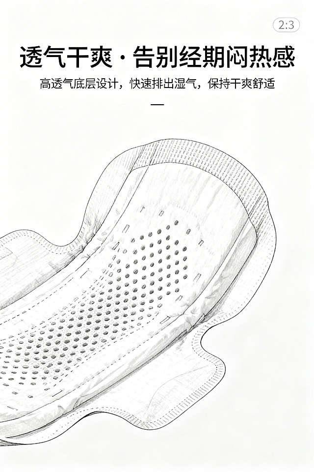 2:3竖屏，高端插画风线稿，现代主义轻奢风格，杂志级精致排版，不展示产品包装，以线稿可视化方式呈现透气干爽功能。画面中心为透气孔线稿特写，背景为纯净珍珠白的简洁轮廓，模拟空气流通的线稿场景，主标题为「透气干爽 · 告别经期闷热感」，副标题为「高透气底层设计，快速排出湿气，保持干爽舒适」，文字排版采用无衬线字体的线稿样式，强调透气与干爽，整体风格清新舒适，仅呈现线稿草图。