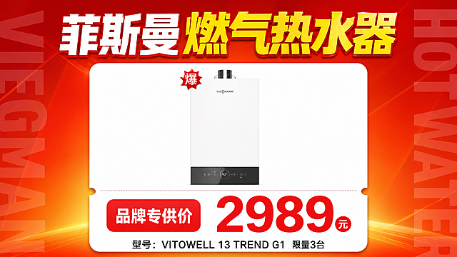 横屏16:9单品促销海报，红橙渐变背景，左右两侧有半透明大号英文字母装饰。画面顶部主标题大字"菲斯曼燃气热水器"，"菲斯曼"白色粗体，"燃气热水器"黄色粗体。中间白色圆角卡片内展示燃气热水器产品图，与参考图中第四行第一格一致，白色立式热水器。卡片下方票根式左右缺口，左侧红色圆角标签写"品牌专供价"，右侧巨大红色数字价格"2989元"，"元"在红色圆圈内。底部黑色小字"型号：VITOWELL 13 TREND G1  限量3台"。版式精美，商业促销海报风格，超高清画质。所有数字精确渲染。