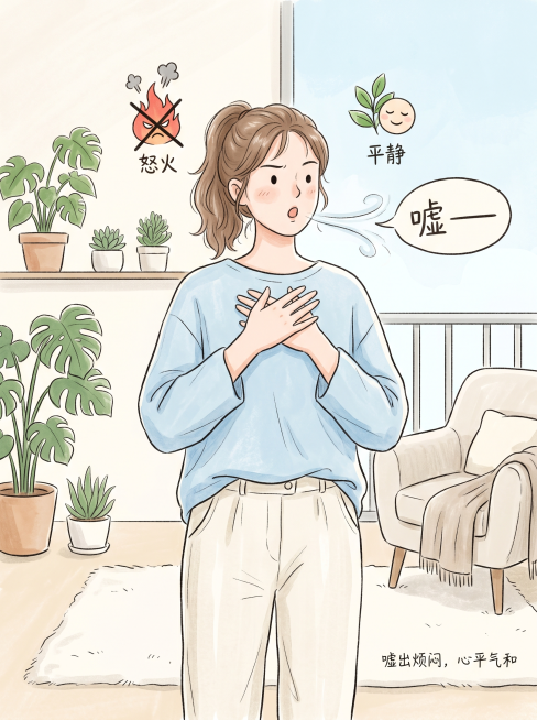 明亮的客厅或阳台场景，一位年轻女性穿着日常家居服，站直，双手交叉放在胸前，掌心贴着胸口。她正在呼气，嘴巴微张，旁边有一个放大的气泡写着"嘘——"字，有一股轻淡的气流线条从嘴唇飘出。她的表情从微微皱眉、预览效果