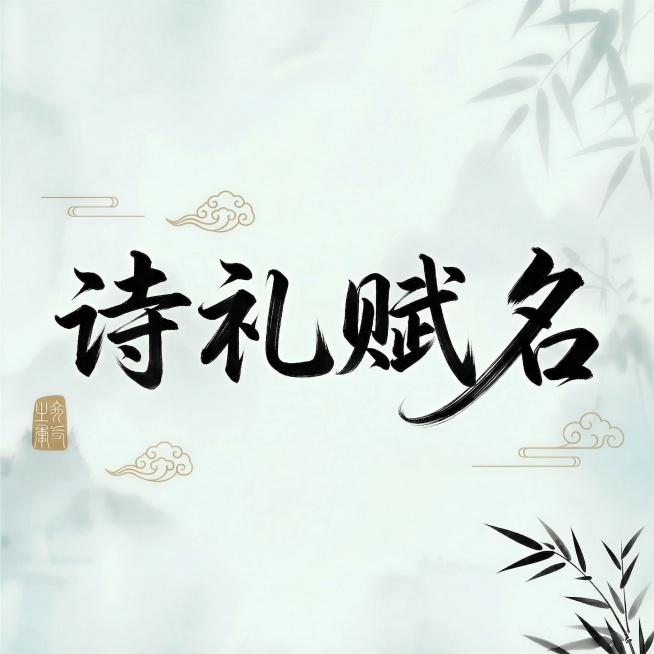 新中式国风书法艺术字图片，淡雅浅青水墨山水背景，点缀淡墨竹枝和金色祥云纹样，画面中央是四个黑色毛笔书法大字"诗礼赋名"，左下方保留金色印章，整体风格雅致高级，和参考图构图风格一致预览效果