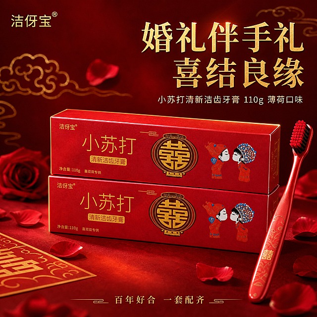 [主图-1] 洁伢宝小苏打清新洁齿牙膏 婚礼伴手礼首图 产品识别与购买欲。
[统一基调] 喜庆婚礼红色系视觉，主背景为渐变深红色带金色光晕，标题字色为烫金色，辅助字色为米白色，强调色为中国红，字体为大气宋体加粗风格，卡片用金色细边框装饰，整体传递高端婚礼伴手礼礼盒质感。
[画面] 两盒洁伢宝小苏打清新洁齿牙膏红色礼盒居中偏下摆放，呈45度微俯视角度，产品占画面约65%。牙膏盒为正红色哑光纸盒，正面印有金色"小苏打 清新洁齿牙膏"字样、金色圆形囍字灯笼图案、一对中式新郎新娘卡通人偶。背景为深红色渐变，上方点缀金色祥云纹样和散落的玫瑰花瓣，右下角有一支红色牙刷斜靠作为套装暗示。左上角放置洁伢宝品牌Logo。
[光影质感] 商业摄影棚拍质感，主光从左上方45度打下，产品表面有柔和高光，盒体边缘有金色轮廓光，底部有自然接触阴影，整体通透有质感，体现纸盒的哑光红色和烫金工艺的高级感。
[配色] 主色中国红+烫金色，背景深红渐变，点缀金色祥云和玫瑰花瓣，整体喜庆高级。
[文字版式] 左上角品牌名"洁伢宝"金色小字；右侧上方主标题"婚礼伴手礼 喜结良缘"烫金色大字体；副标题"小苏打清新洁齿牙膏 110g 薄荷口味"米白色小字；底部"百年好合 一套配齐"金色细字。文字均放在负空间，不遮挡产品主体。
[输出要求] 1:1正方形比例，2048x2048，文字清晰锐利，产品细节清晰，颜色准确，无变形错字，无水印无平台Logo，无多余杂乱元素。