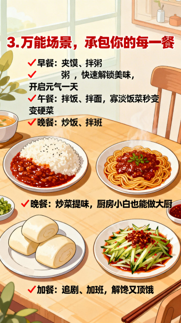 生活化餐桌场景，摆4个小餐盘，分别是：拌辣酱的米饭、拌辣酱的面条、夹辣酱的馒头、放辣酱的凉菜，色调温馨明亮，贴近日常。文案排版：顶部居中"3. 万能场景，承包你的每一餐"加粗，红色，字体较大；下方分4预览效果